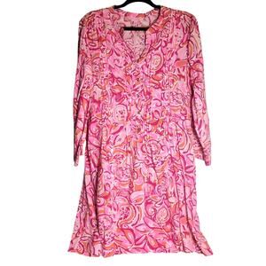 Lilly Pulitzer Sarasota Pintucked Tunic Dress Shift Mini Mango Salsa Printed Lg